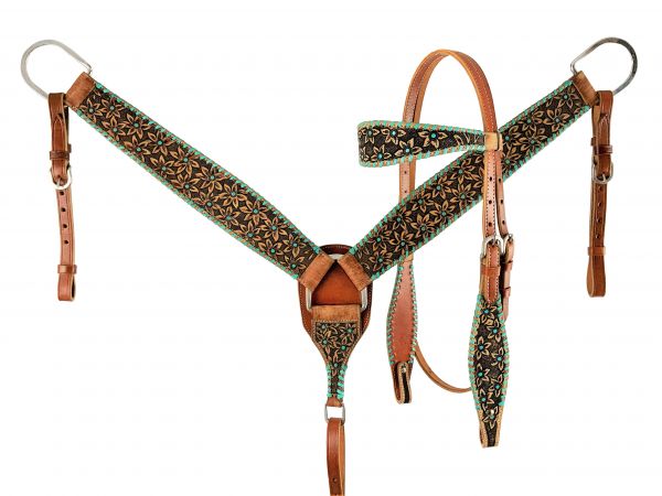 Showman Rawhide Laced Headstall and Breast collar Set with tooled flowers with teal accent beads